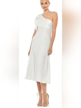 Ieena For Mac Duggal 55387 White Satin Bow Draped One Shoulder Midi Dress Sz 0